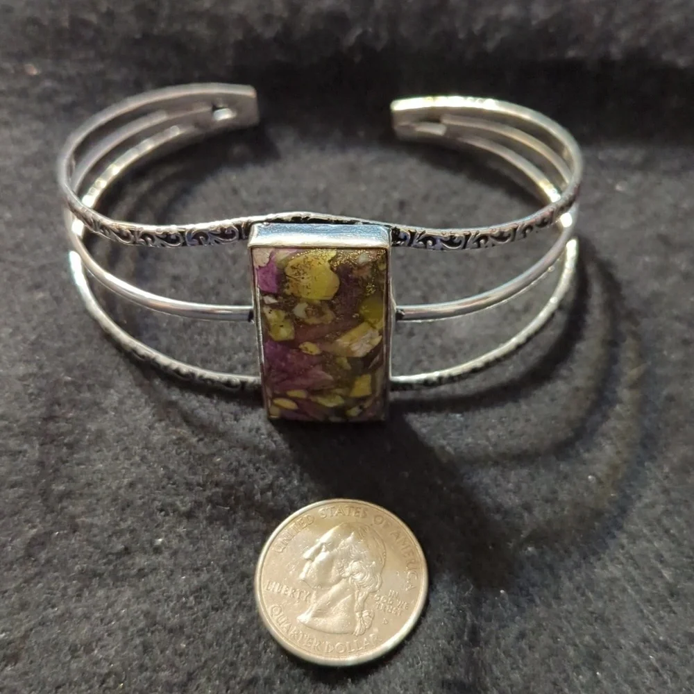 Silver Plated Purple Copper Turquoise Gemstone Cuff Statement Bracelet